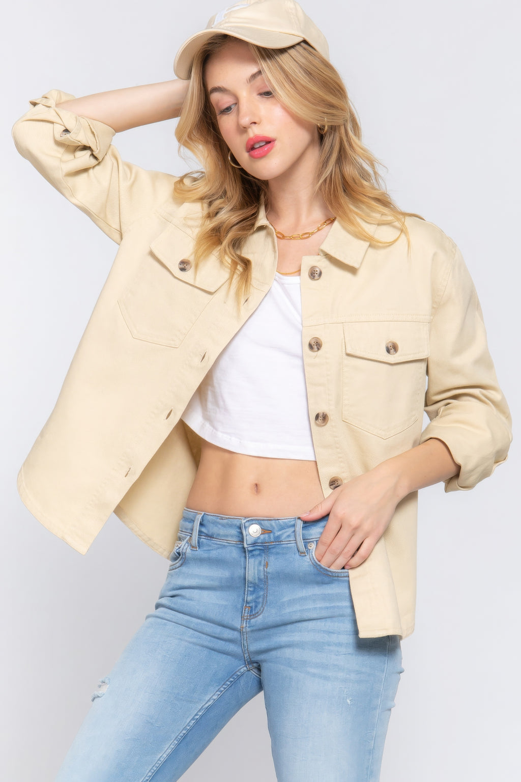 Button Down Cotton Denim Shacket